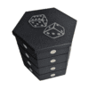 Coupelles de rangement hexagonales magnétiques FigAmat pour jeux de société : bacs empilables et modulables avec compartiments pour ressources, jetons et accessoires.