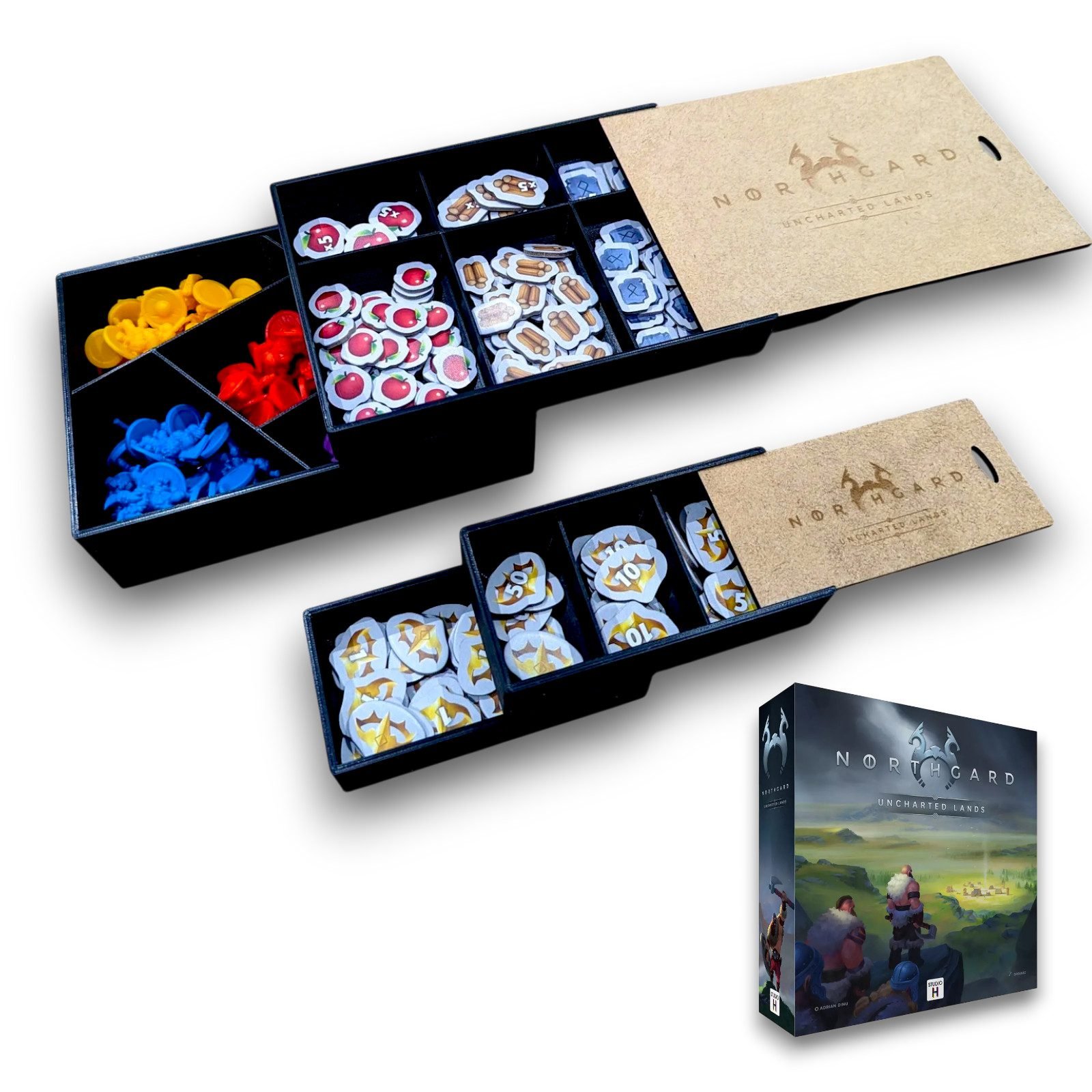 Rangement Northgard insert 3D et bois pour figurines tuiles et jetons FigAmat