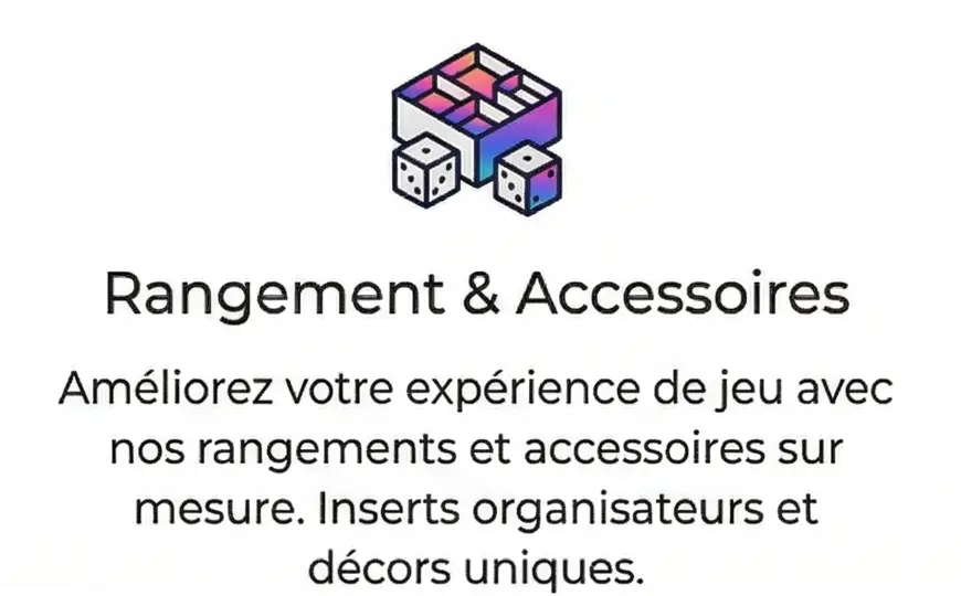 Rangements et accessoires de jeux de société sur mesure FigAmat : inserts organisateurs, boîtes de rangement et décors uniques.