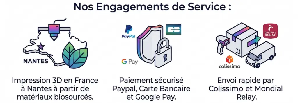 Engagements FigAmat : Impression 3D à Nantes en matériaux biosourcés, paiement sécurisé et livraison rapide par Colissimo ou Mondial Relay.