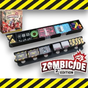 Insert de rangement FigAmat pour Zombicide 2nd Edition : organisateurs noirs imprimés en 3D avec compartiments pour jetons objectif, voitures, dés, cartes et jetons EXIT.