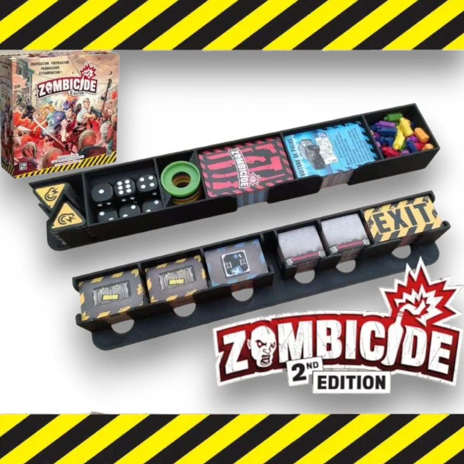 Insert de rangement FigAmat pour Zombicide 2nd Edition : organisateurs noirs imprimés en 3D avec compartiments pour jetons objectif, voitures, dés, cartes et jetons EXIT.