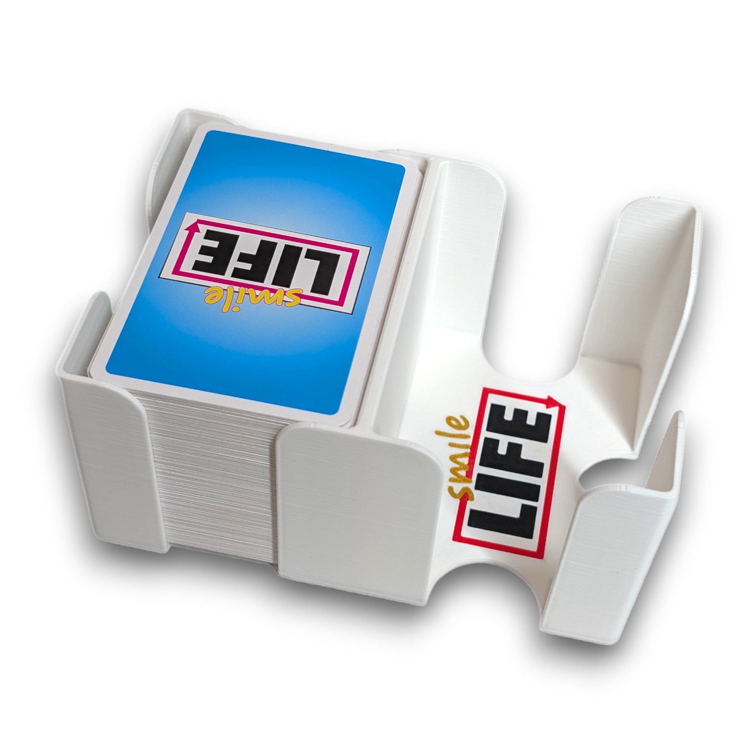 Insert de rangement Smile Life en impression 3D rempli de cartes dans la boîte de jeu