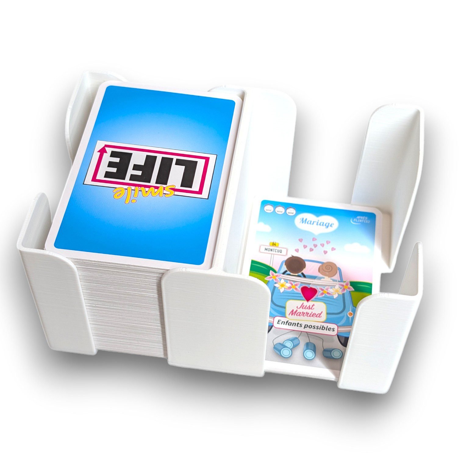 Insert de rangement Smile Life en impression 3D rempli de cartes dans la boîte de jeu