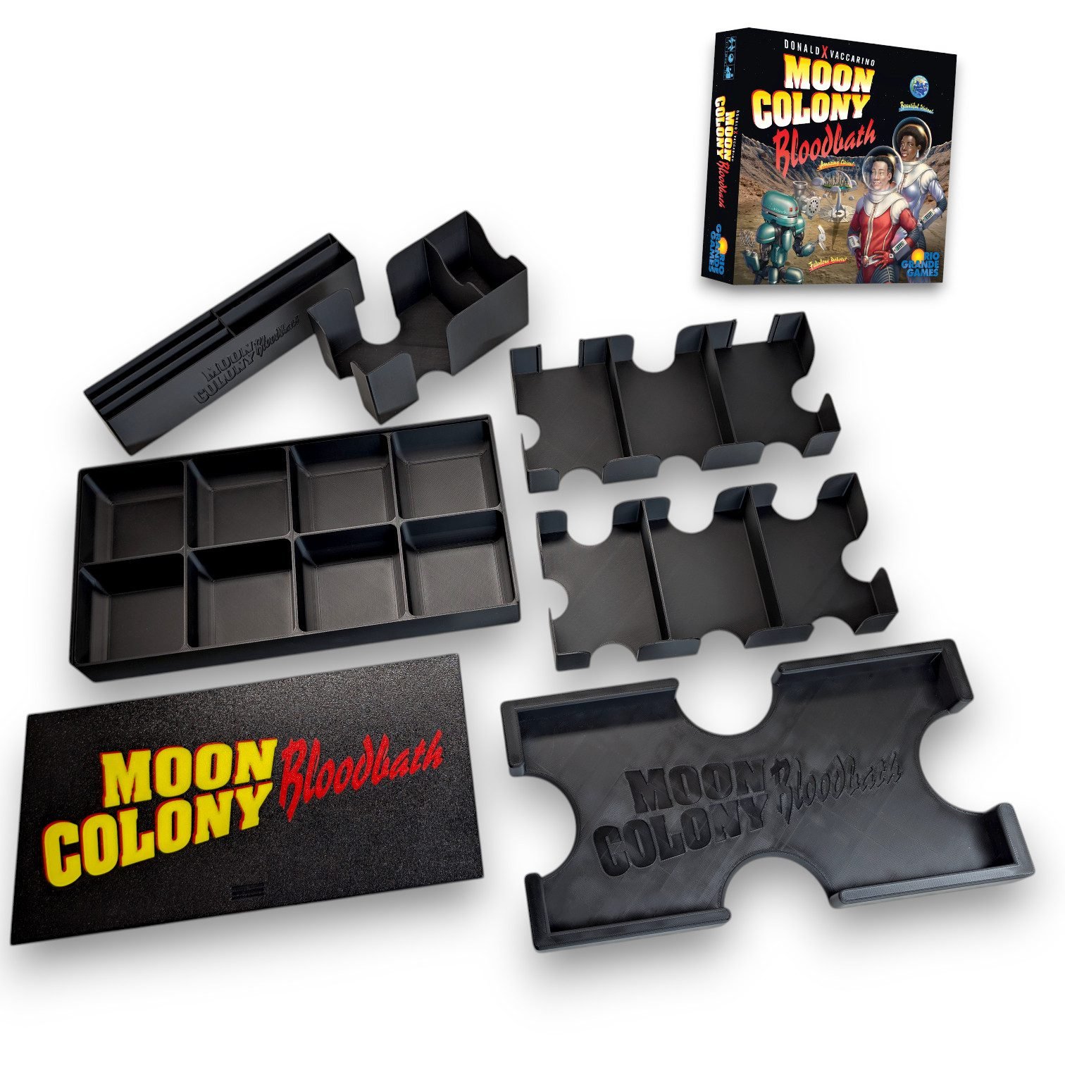 Vue d'ensemble de l'insert de rangement complet en impression 3D pour Moon Colony Bloodbath