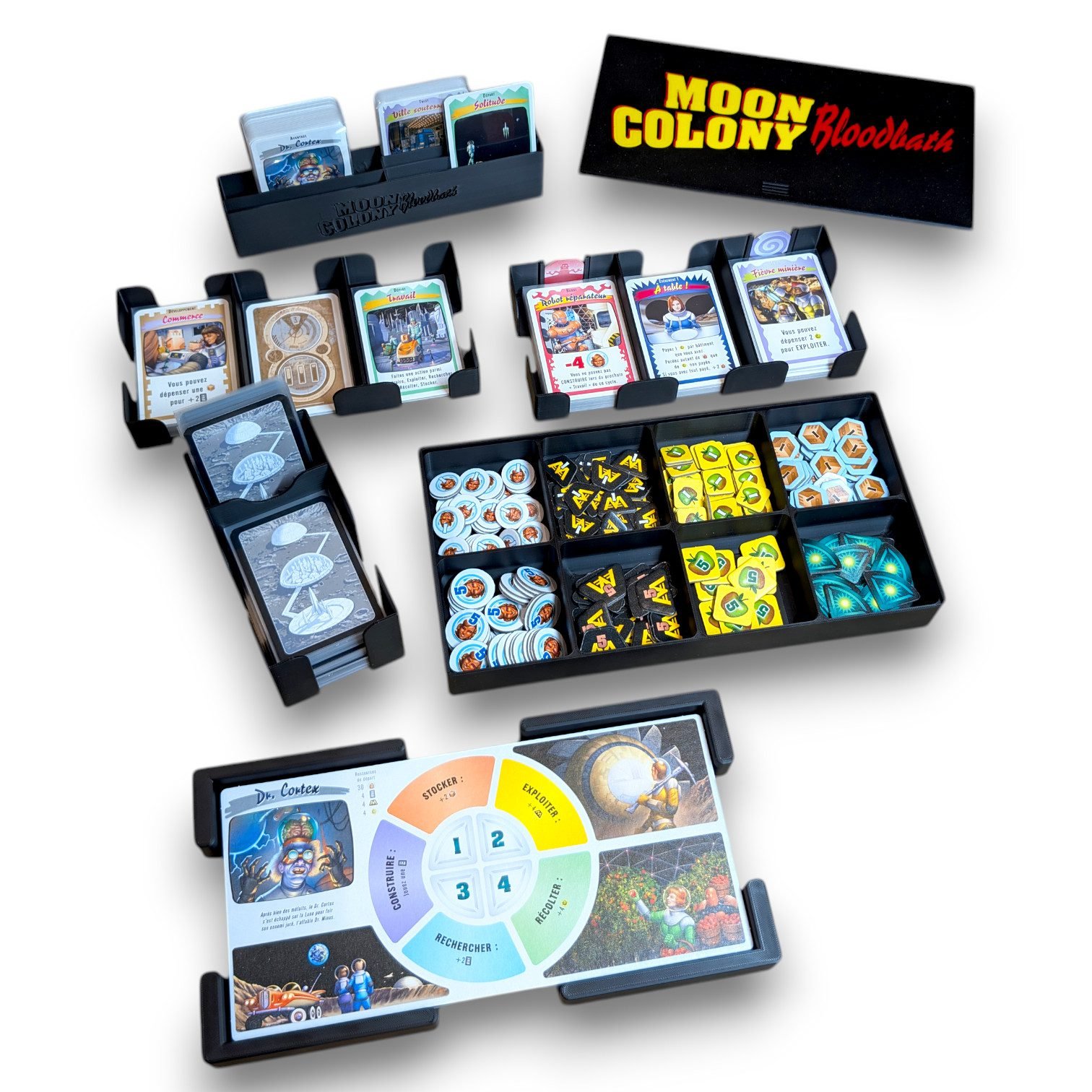 Vue d'ensemble de l'insert de rangement complet en impression 3D pour Moon Colony Bloodbath