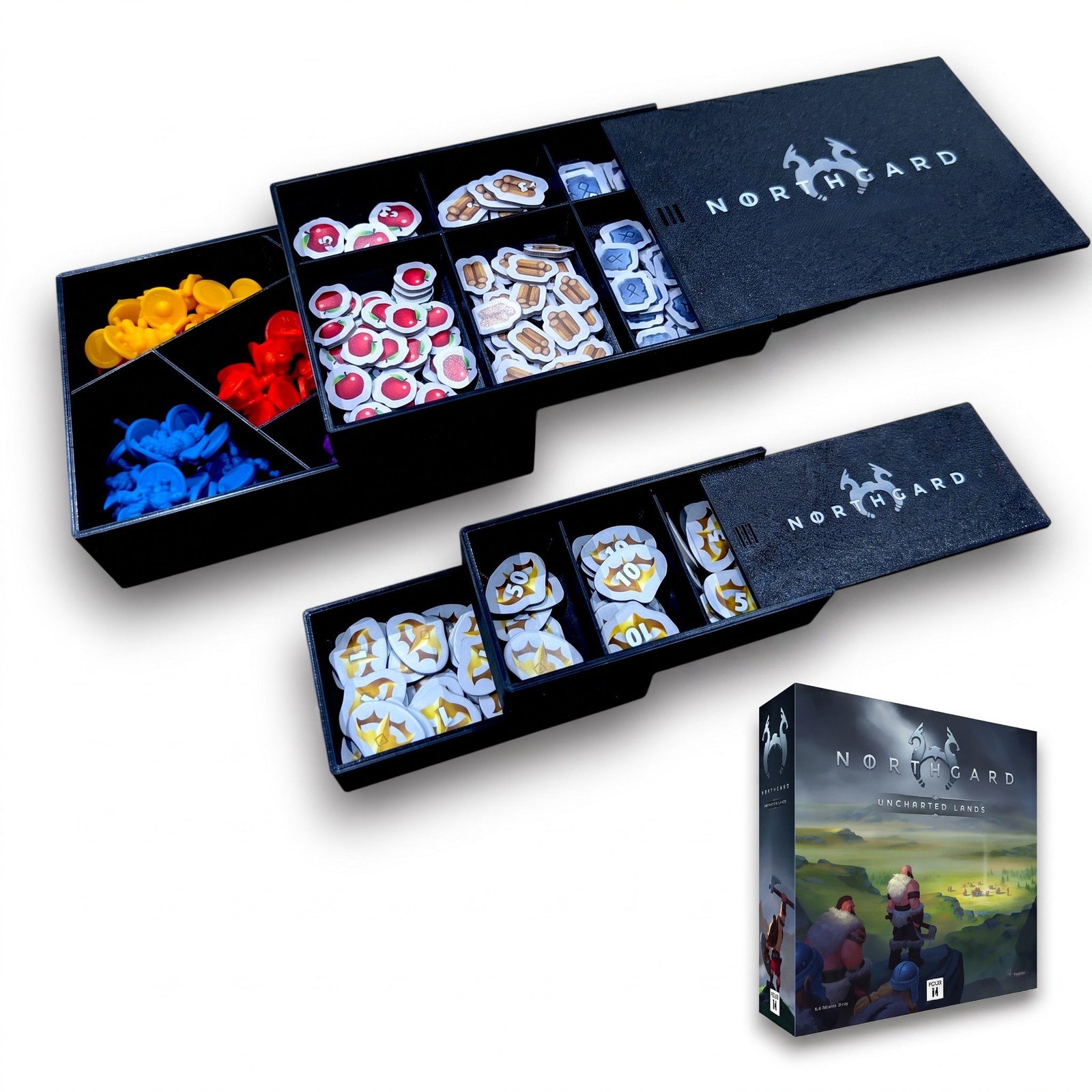 Rangement Northgard insert 3D et bois pour figurines tuiles et jetons FigAmat